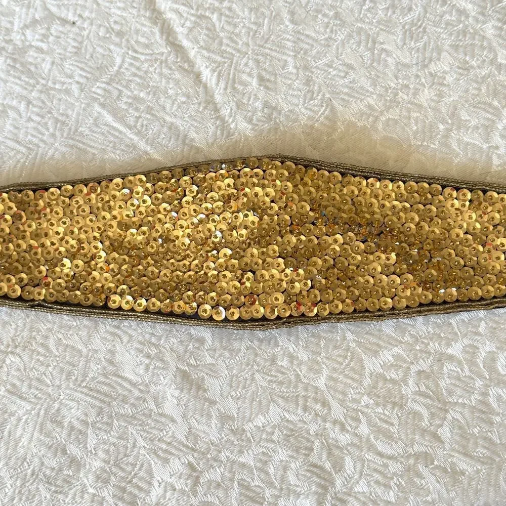 Vintage 1980s Gold Sequin Cummerbund Fashion Belt Black Satin Elastic Small